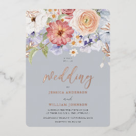 Kleurrijke Floral Dusty Blue Wedding Roos Gold Folie Uitnodiging