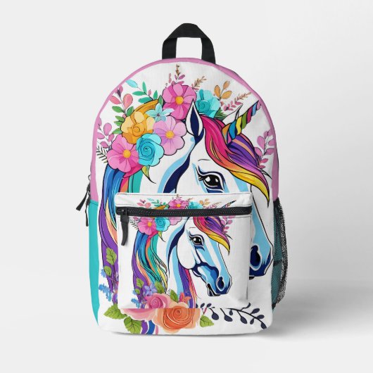 Kleurrijke Floral Eenhoorn Design gepersonaliseerd Bedrukte Rugzak (Voorkant)
