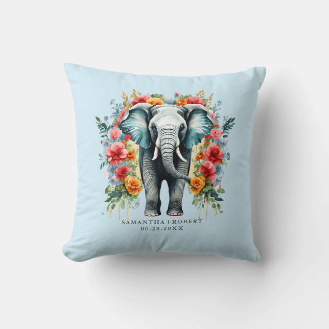 Kleurrijke Floral Elephant Kussen (Voorkant)
