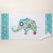 Kleurrijke Floral Elephant on White & Turquoise Strandlaken (Voorkant)