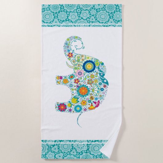 Kleurrijke Floral Elephant on White & Turquoise Strandlaken (Voorkant)