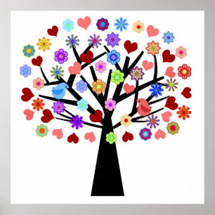 Kleurrijke Floral en harten met de vogelboom Poster