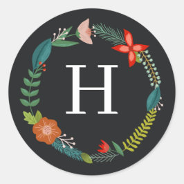Kleurrijke Floral en Pine Monogram Holiday Ronde Sticker