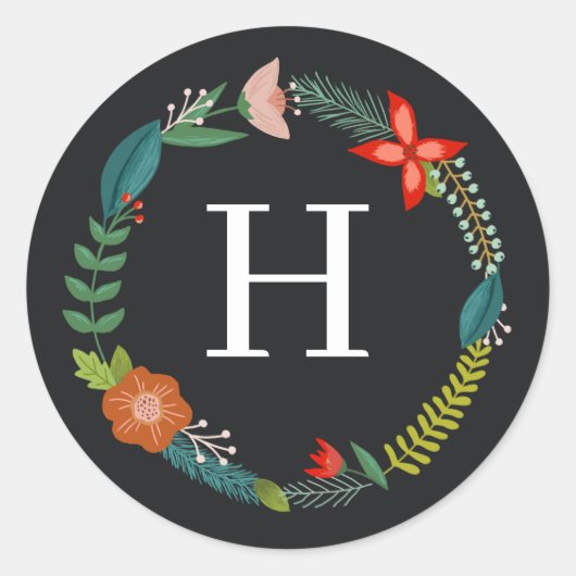 Kleurrijke Floral en Pine Monogram Holiday Ronde Sticker (Voorkant)