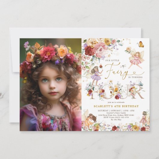 Kleurrijke Floral Fairy Prinses 4e Verjaardag Foto Kaart (Voorkant)