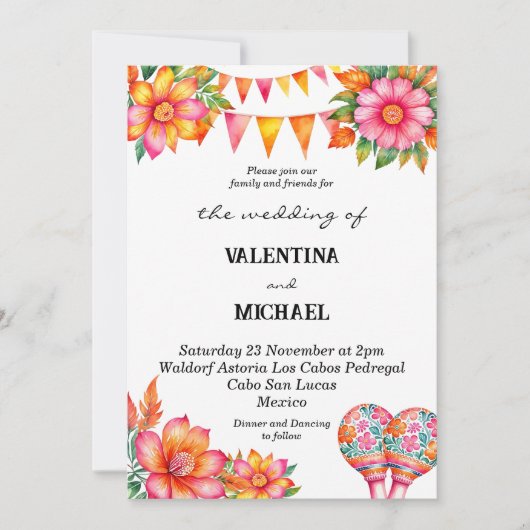 Kleurrijke Floral Fiesta Mexicaanse bruiloft Kaart (Voorkant)