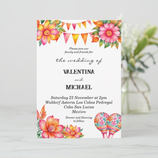 Kleurrijke Floral Fiesta Mexicaanse bruiloft Kaart (Staand voorkant)