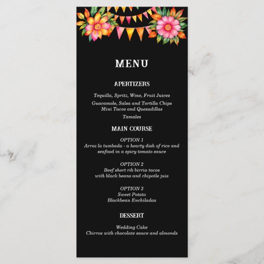 Kleurrijke Floral Fiesta Mexicaanse bruiloft menu (Voorkant)