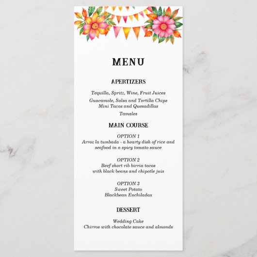 Kleurrijke Floral Fiesta Mexicaanse bruiloft menu (Voorkant)