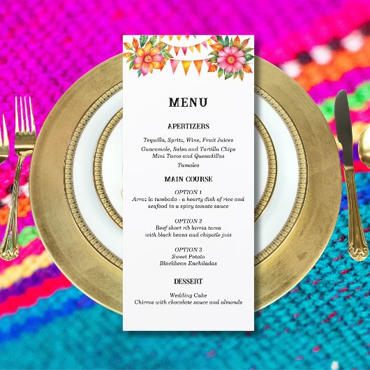 Kleurrijke Floral Fiesta Mexicaanse bruiloft menu