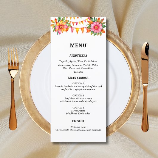 Kleurrijke Floral Fiesta Mexicaanse bruiloft menu