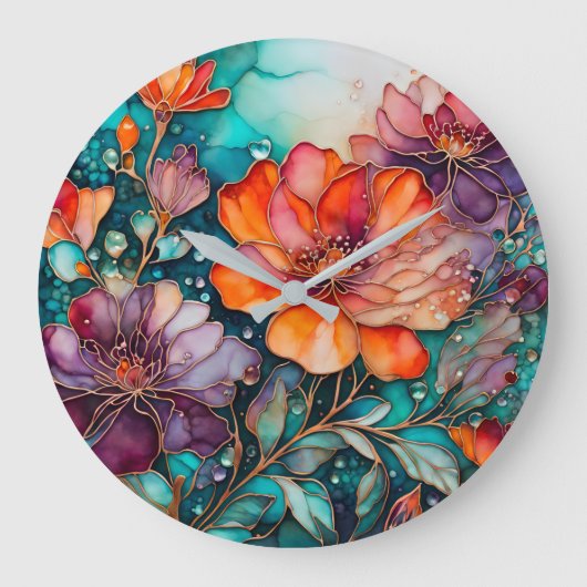 Kleurrijke Floral Ink Art Wall Clock Grote Klok (Voorkant)