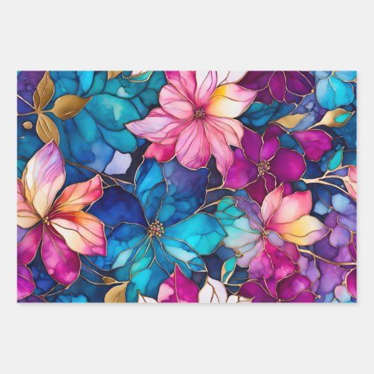 Kleurrijke Floral Ink Art Wrapping Paper Sheets (Voorkant 3)