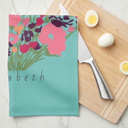 Kleurrijke  Floral Let's Bloom + aangepaste naam Theedoek (Quarter Fold)