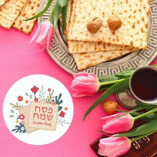 Kleurrijke Floral Matzah Hebreeuws Gelukkig Pascha Ronde Sticker