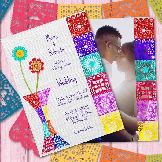 Kleurrijke Floral Papel Picado Mexicaanse bruiloft Kaart
