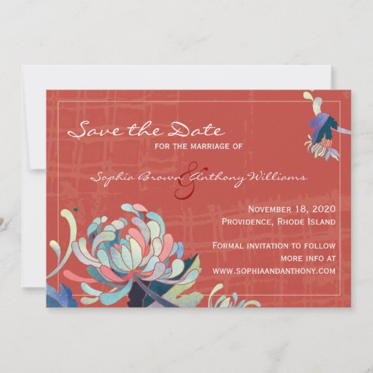 Kleurrijke Floral Red Wedding Save the Date (Voorkant)