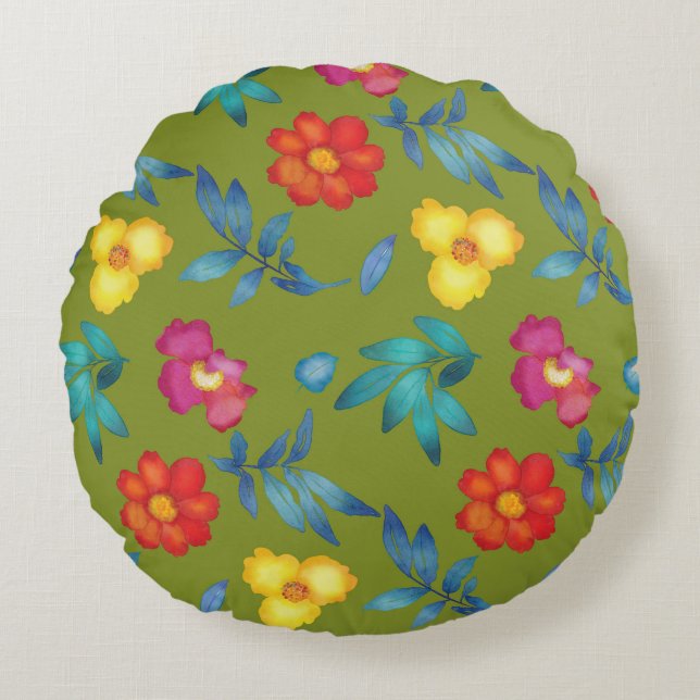 Kleurrijke  Floral Round Pillow Rond Kussen (Voorkant)