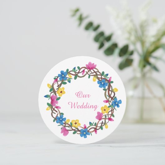 Kleurrijke Floral Round Vine Wreathe-uitnodigingen Kaart (Staand voorkant)