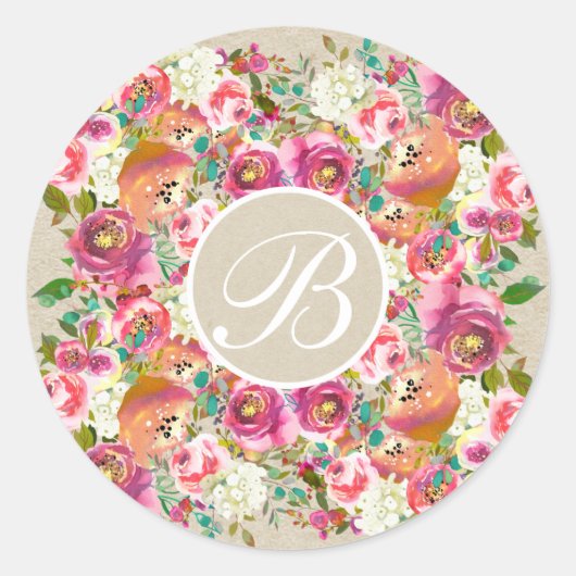 Kleurrijke Floral Rustic Kraft Monogram - Aangepas Ronde Sticker (Voorkant)