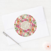 Kleurrijke Floral Rustic Kraft Monogram - Aangepas Ronde Sticker (Envelop)