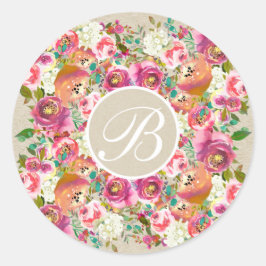 Kleurrijke Floral Rustic Kraft Monogram - Aangepas Ronde Sticker