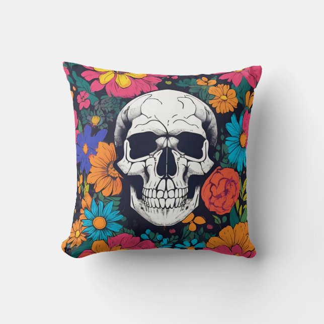 Kleurrijke Floral Skull Art Sierkussen (Voorkant)