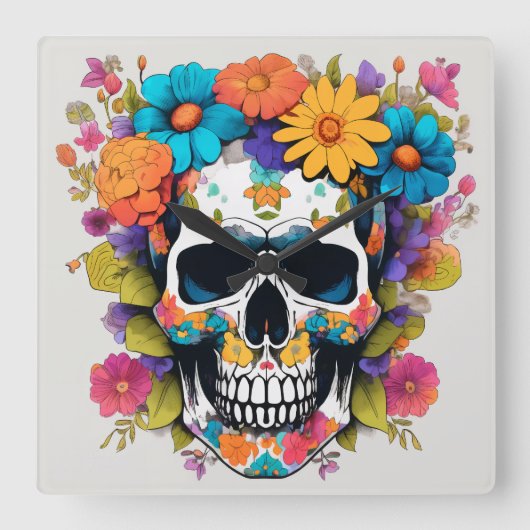 Kleurrijke Floral Skull Vierkante Klok (Voorkant)