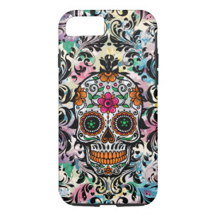 Kleurrijke Floral Sugar Skull & Black Floral Swirl iPhone 8/7 Hoesje