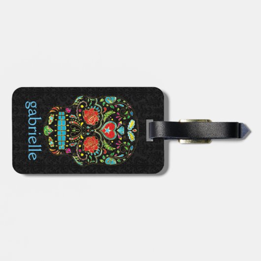 Kleurrijke Floral Sugar Skull Glitter en Gold Bagagelabel (Achterkant horizontaal)