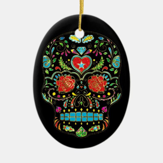 Kleurrijke Floral Sugar Skull Glitter en Gold Keramisch Ornament (Voorkant)
