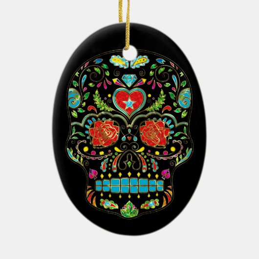 Kleurrijke Floral Sugar Skull Glitter en Gold Keramisch Ornament (Achterkant)