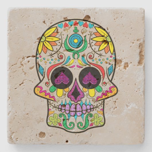 Kleurrijke Floral Sugar Skull Paars Hearts Stenen Onderzetter (Voorkant)