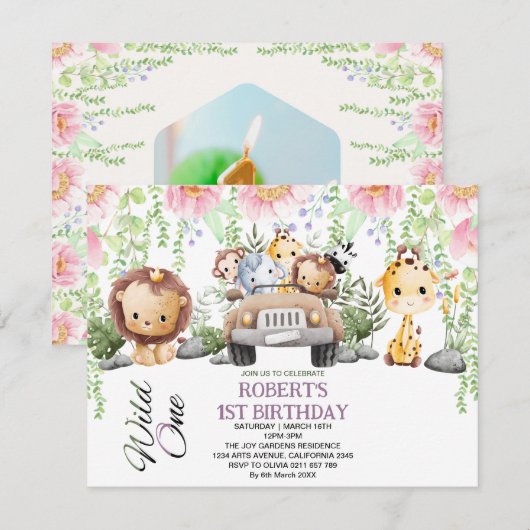 Kleurrijke Floral Wild One Oerwoud Safari Verjaard Kaart (Voorkant / Achterkant)