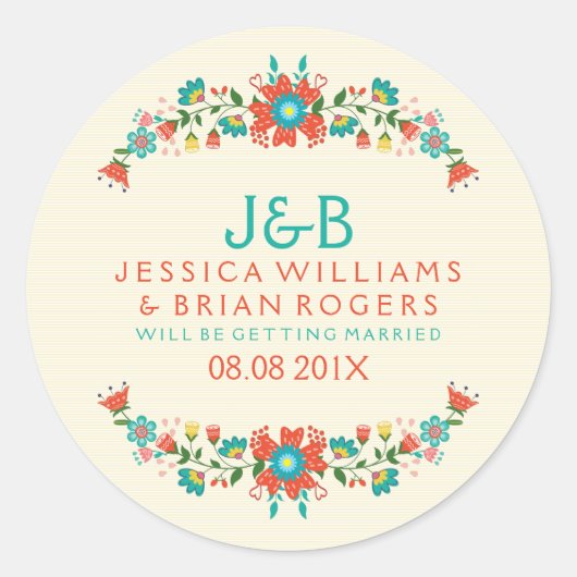 Kleurrijke Floral Wreath & Beige Stripes Backgroun Ronde Sticker (Voorkant)