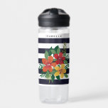 Kleurrijke Floral Zwart Wit Gestreept Gepersonalis Waterfles<br><div class="desc">Moderne strepen en florale gepersonaliseerde fles.</div>