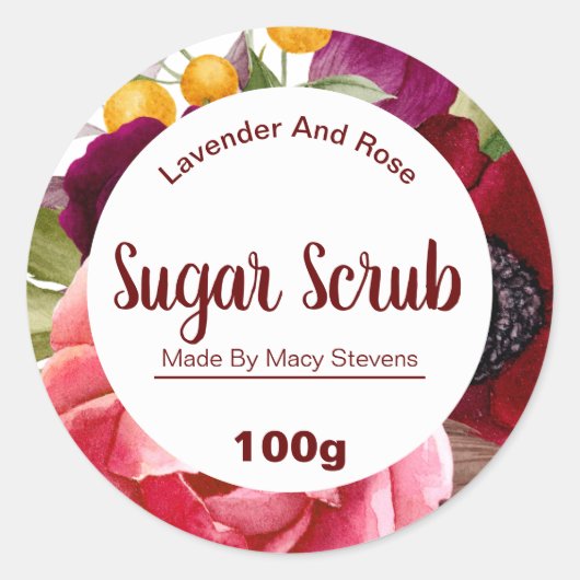 Kleurrijke florale exfoliërende suiker body scrub  ronde sticker (Voorkant)