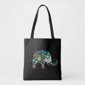 Kleurrijke florale olifant zwart tote bag (Voorkant)