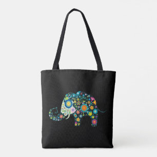 Kleurrijke florale olifant zwart tote bag