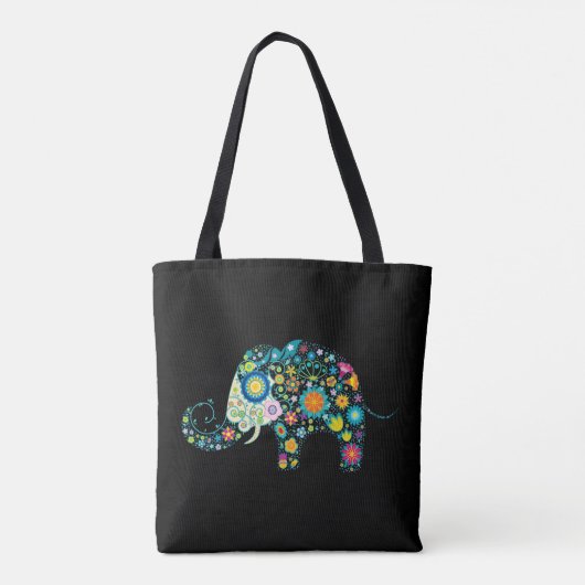 Kleurrijke florale olifant zwart tote bag (Achterkant)