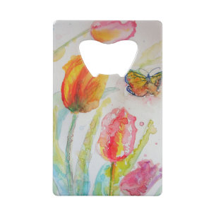 Kleurrijke florale Waterverf Tulp en Butterfly Creditkaart Flessenopener
