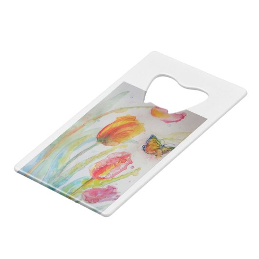 Kleurrijke florale Waterverf Tulp en Butterfly Creditkaart Flessenopener (Achterkant Gekanteld)