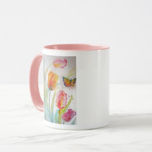 Kleurrijke florale Waterverf Tulp en Butterfly Mok (Voorkant links)