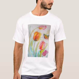 Kleurrijke florale Waterverf Tulp en Butterfly T-shirt