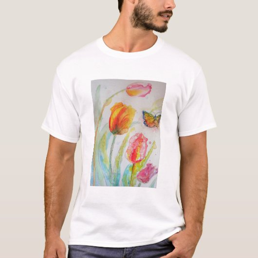 Kleurrijke florale Waterverf Tulp en Butterfly T-shirt (Voorkant)