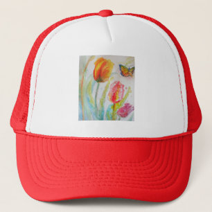 Kleurrijke florale Waterverf Tulp en Butterfly Trucker Pet