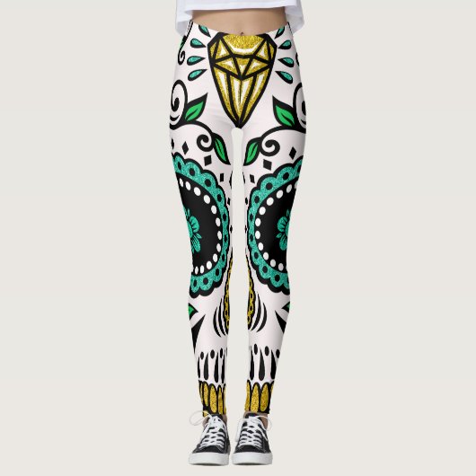 Kleurrijke FloralSugar Skull Leggings (Voorkant)