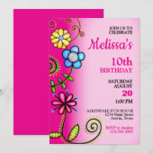 Kleurrijke Flower Doodles verjaardagsfeestje uitno Kaart (Voorkant / Achterkant)