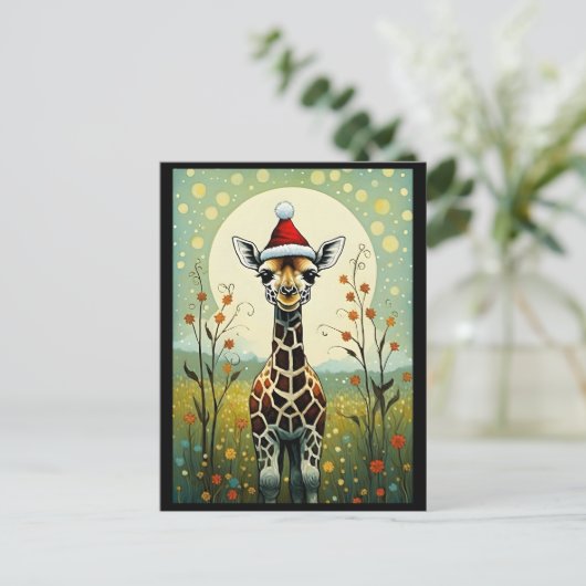 Kleurrijke Flower Meadow Giraffe Santa Christmas Briefkaart (Staand voorkant)