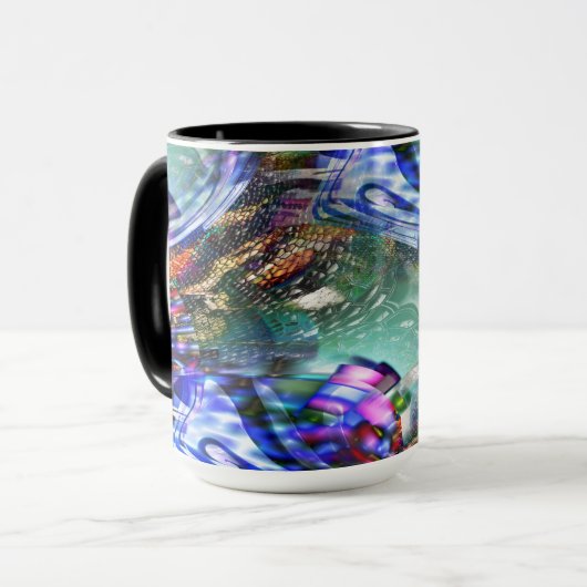 Kleurrijke fluctuatie van virtueel afbeelding over mok (Voorkant links)